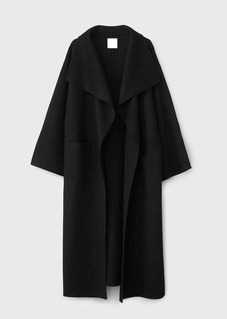 Manteau long en laine et cachemire pour femme, coupe droite, col à revers, noir ou gris 5