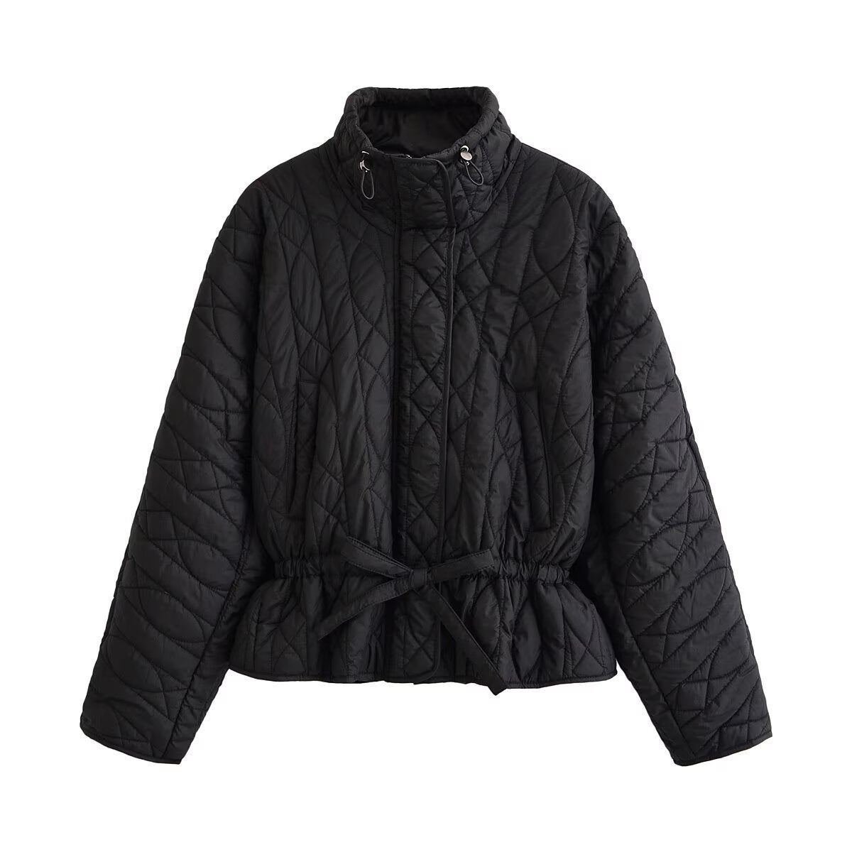 Veste courte matelassée à col montant, zippée, taille ceinturée, coupe ample, pour femme