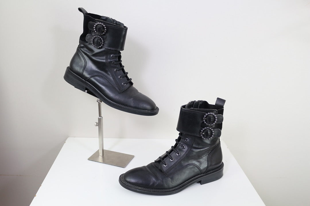 Bottes motardes Zara cuir noir boucles strass grunge rock 38