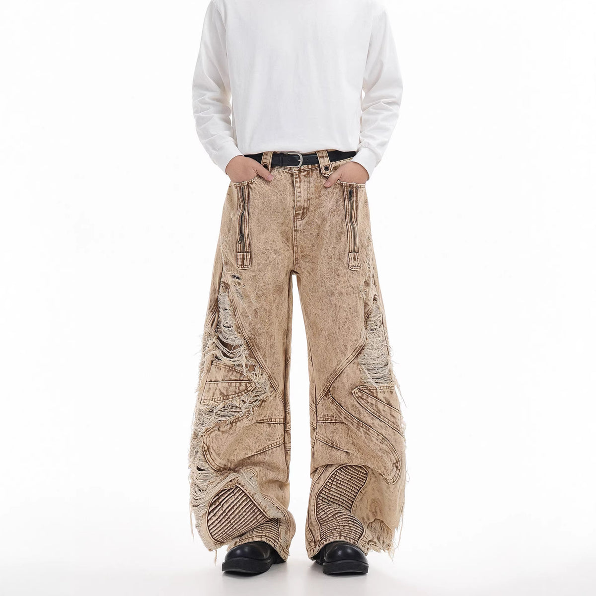 Pantalon en denim épais abricot à plis pour homme, coupe droite street 4