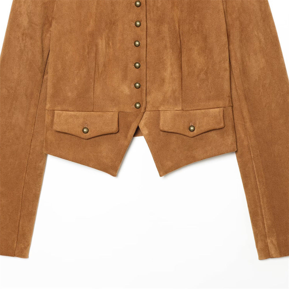 Veste à col montant, fausse poche à rabat et boucle, marron foncé 5