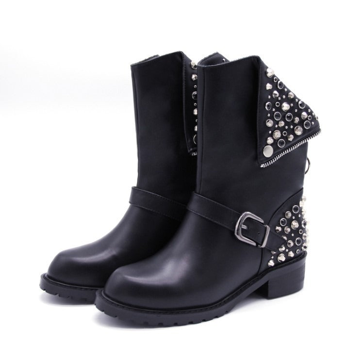 Bottes punk à rivets en simili cuir, noir