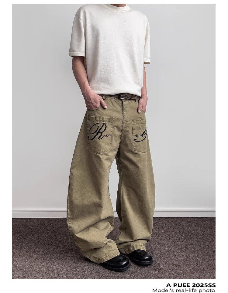 Pantalon cargo en denim rétro brodé de lettres pour homme, coupe droite déstructurée légèrement évasée 10