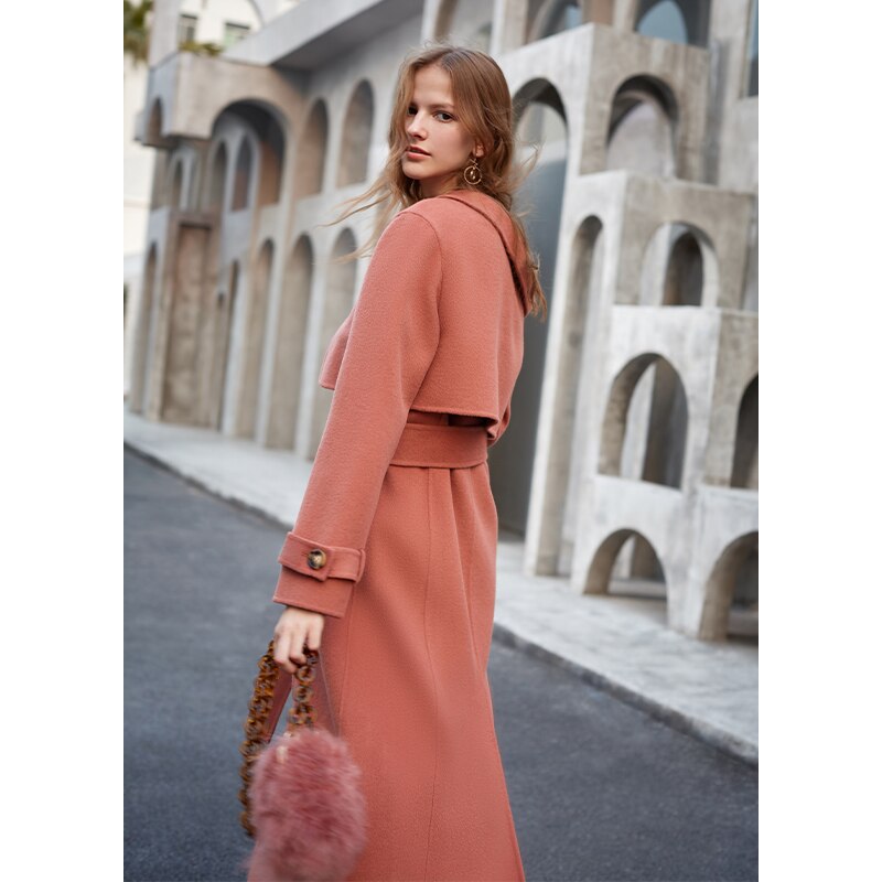 Manteau en laine à double boutonnage et épaule asymétrique pour femme, rouge corail 3