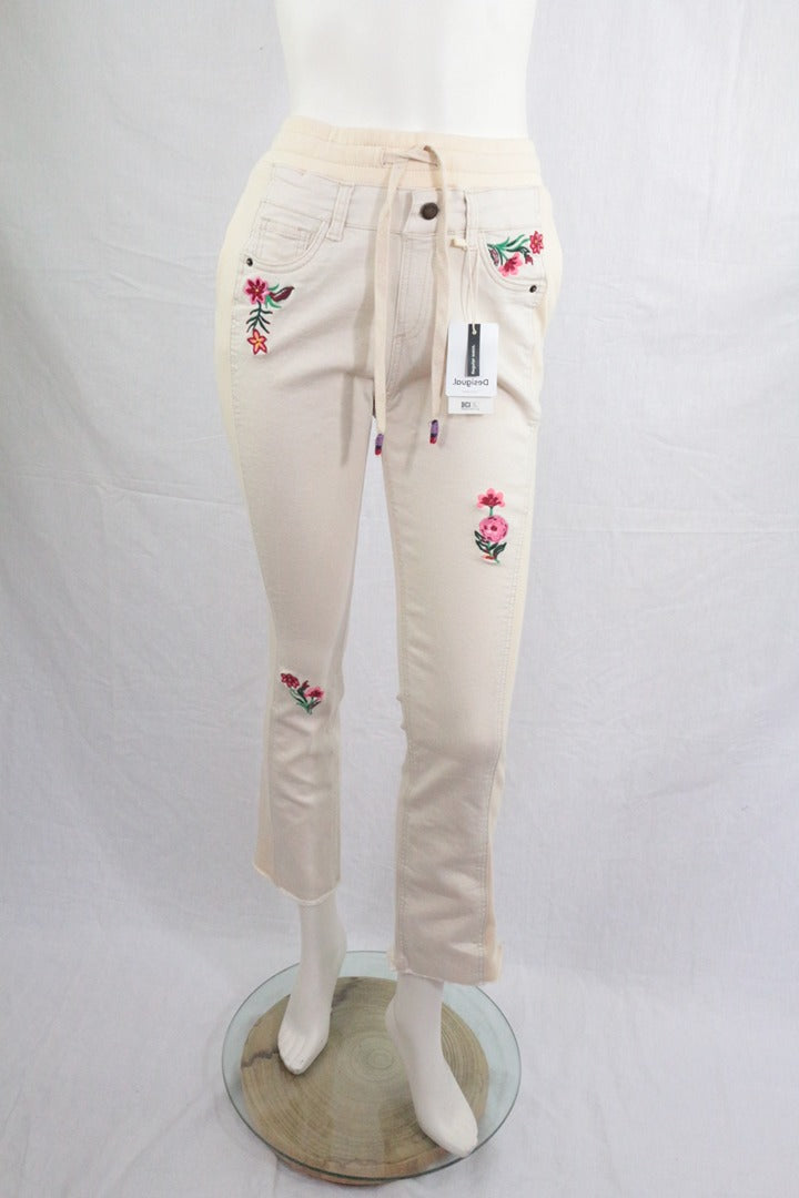 Pantalon jogger Desigual beige brodé fleurs taille Xs neuf 4