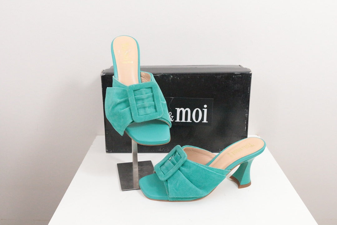 Mules à talon Toi & moi en cuir daim turquoise taille 36 2