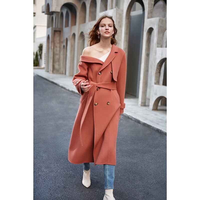 Manteau en laine à double boutonnage et épaule asymétrique pour femme, rouge corail 4