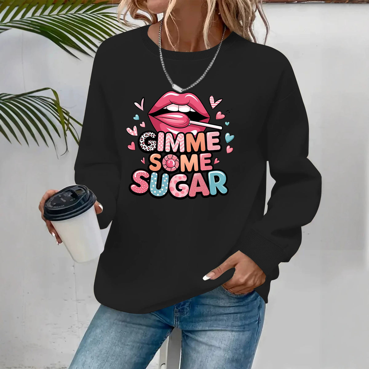 Sweat-shirt col rond style citadin, manches lanternes, imprimé thermocollé, coupe ample, pour femme, 4 coloris 5
