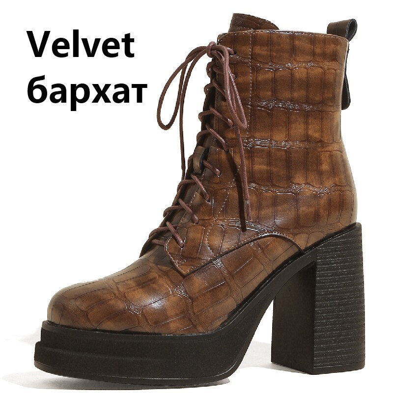 Bottines rétro en cuir à plateforme et talon épais pour femme, style bureau 42