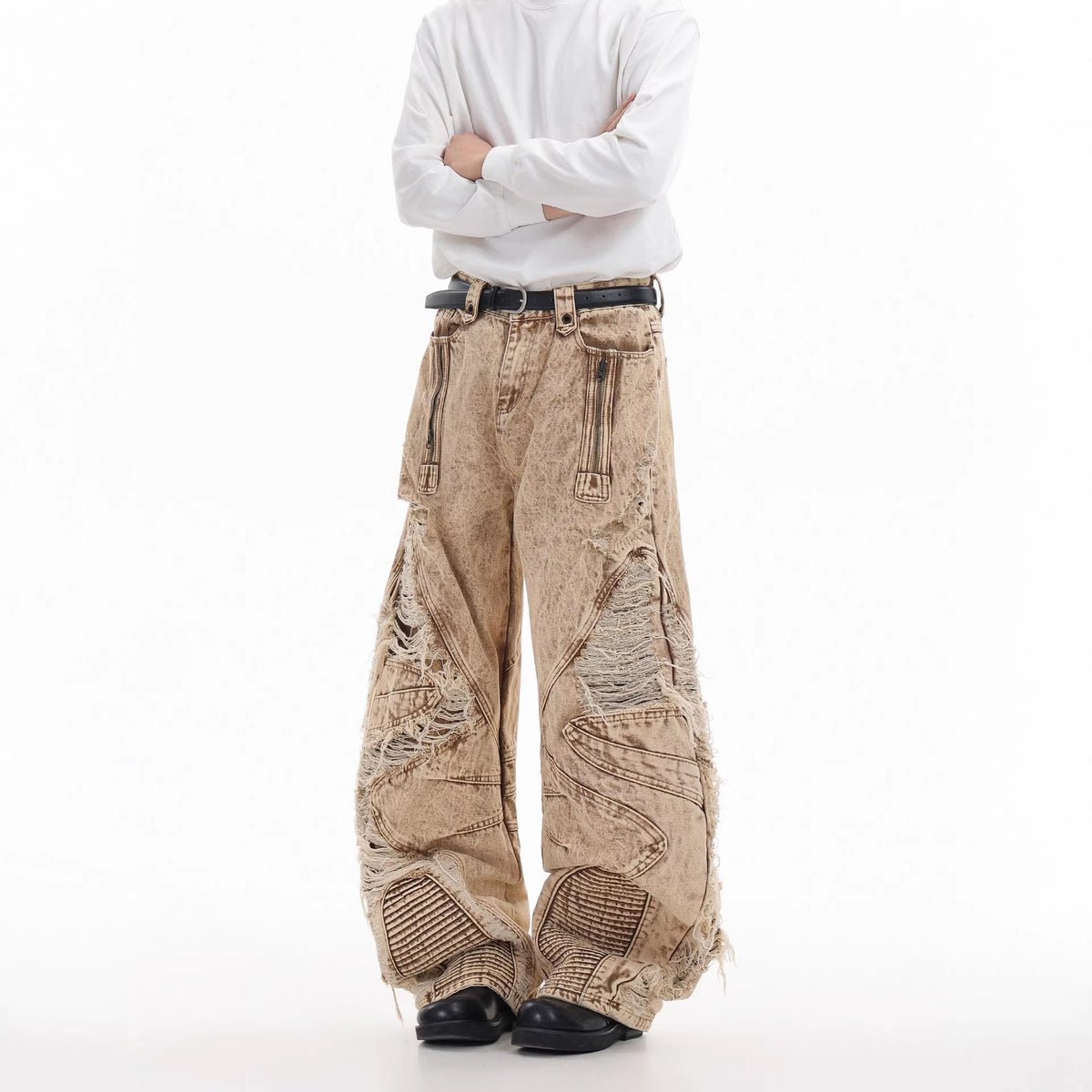 Pantalon en denim épais abricot à plis pour homme, coupe droite street 5