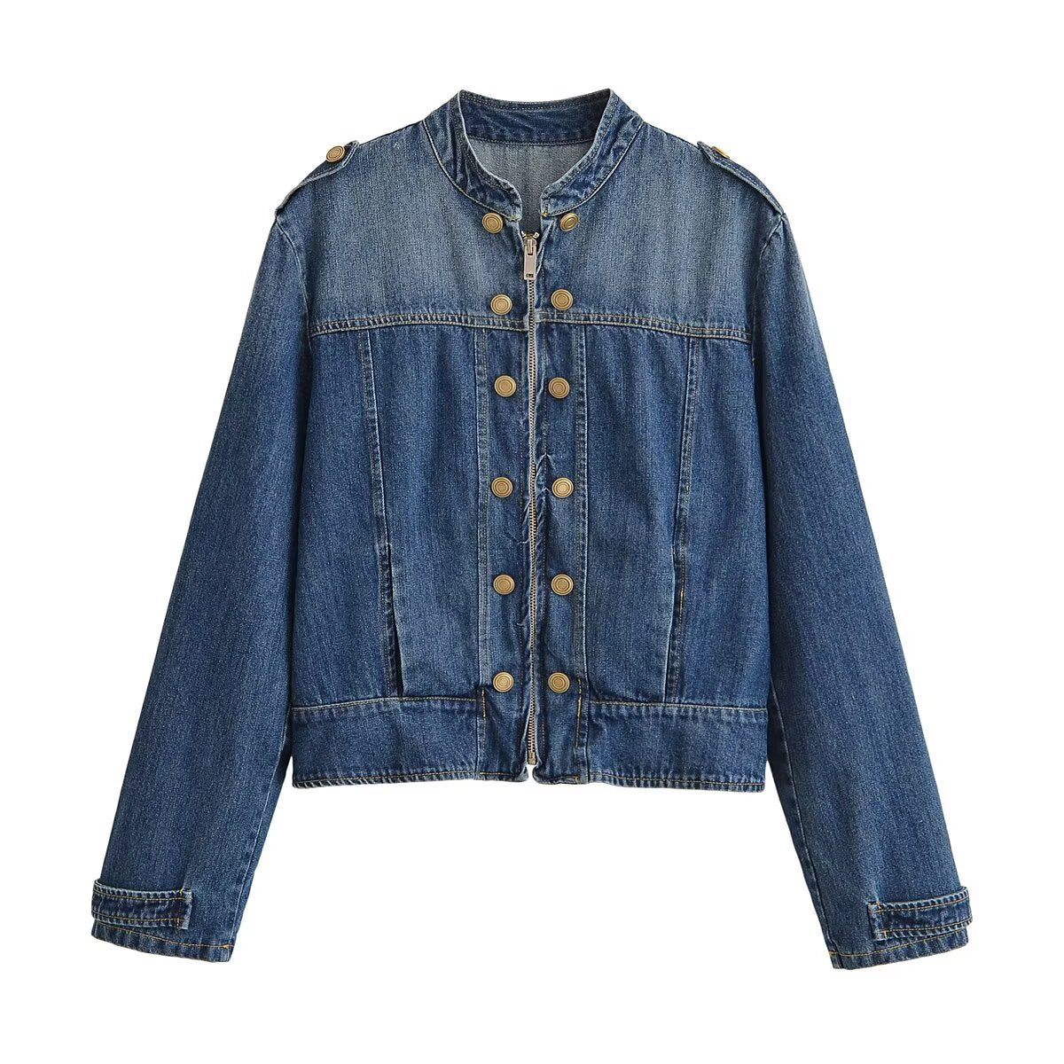 Veste courte en jean à col montant et double rangée de boucles métal, bleu 6