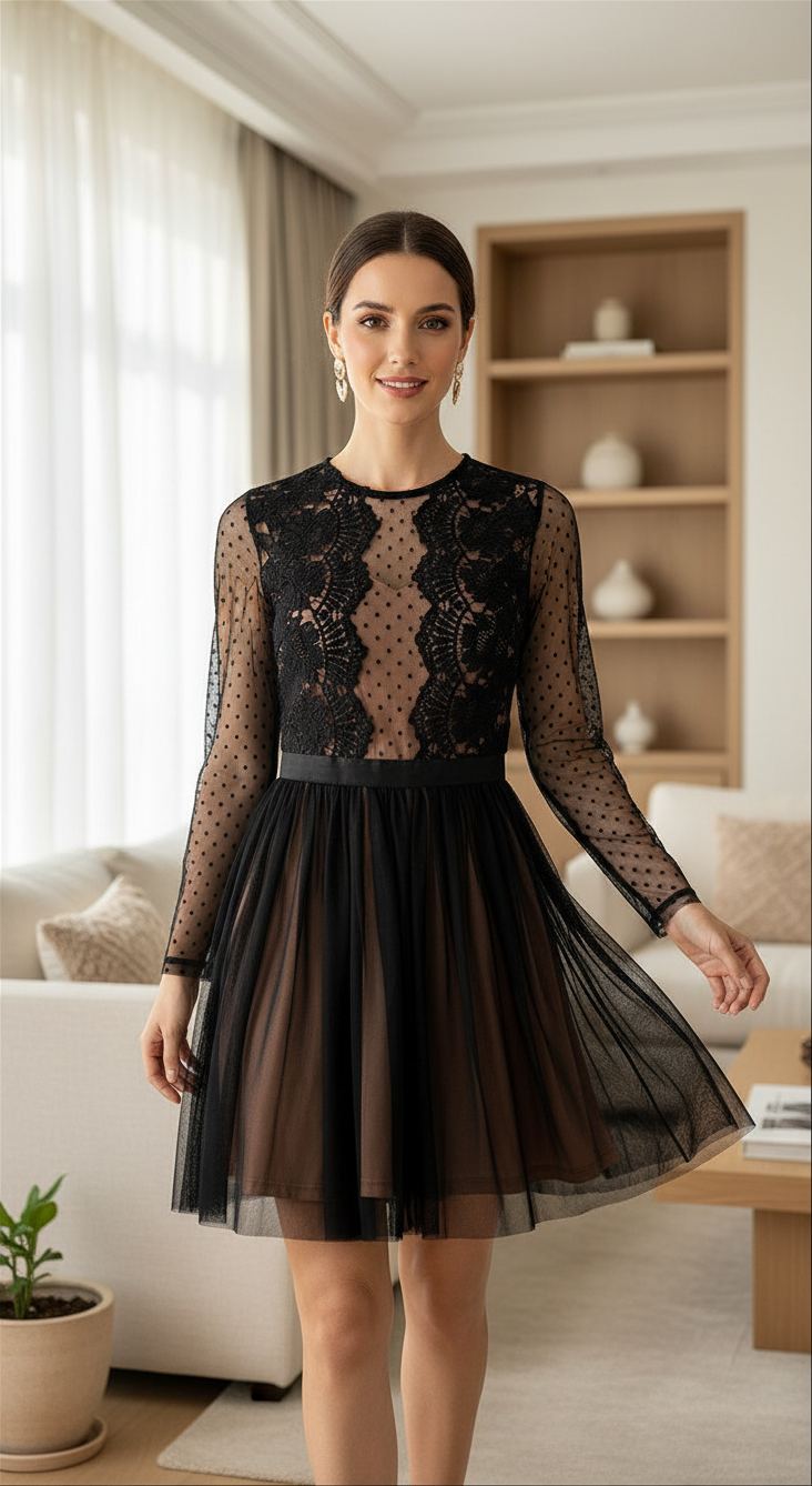 Robe patineuse Lily Mcbee noire et nude tulle dentelle L coquette