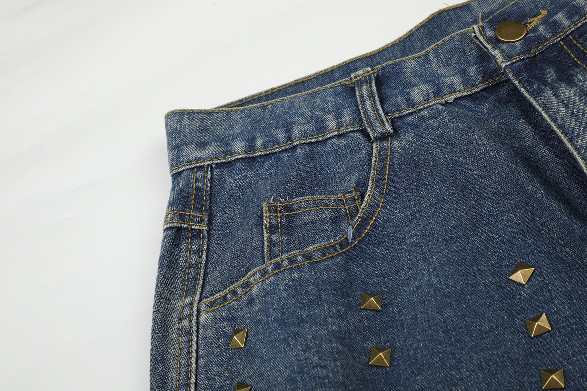 Jean large taille haute délavé effet usé pour femme, rivets et ourlets effilochés 13