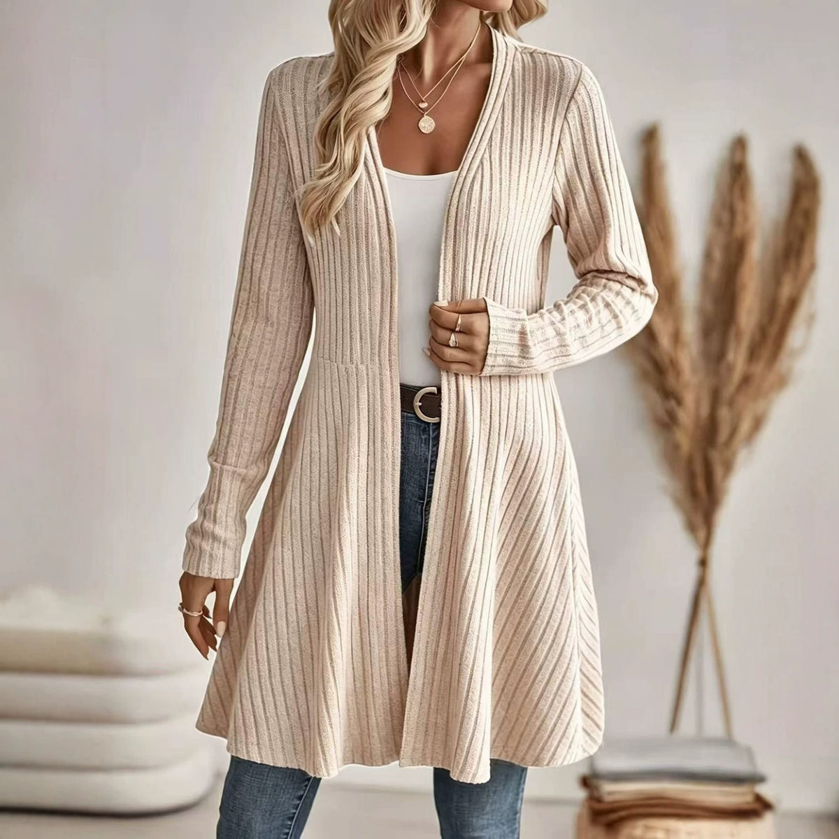 Long gilet en maille côtelée sans col, coupe décontractée, pour femme 3