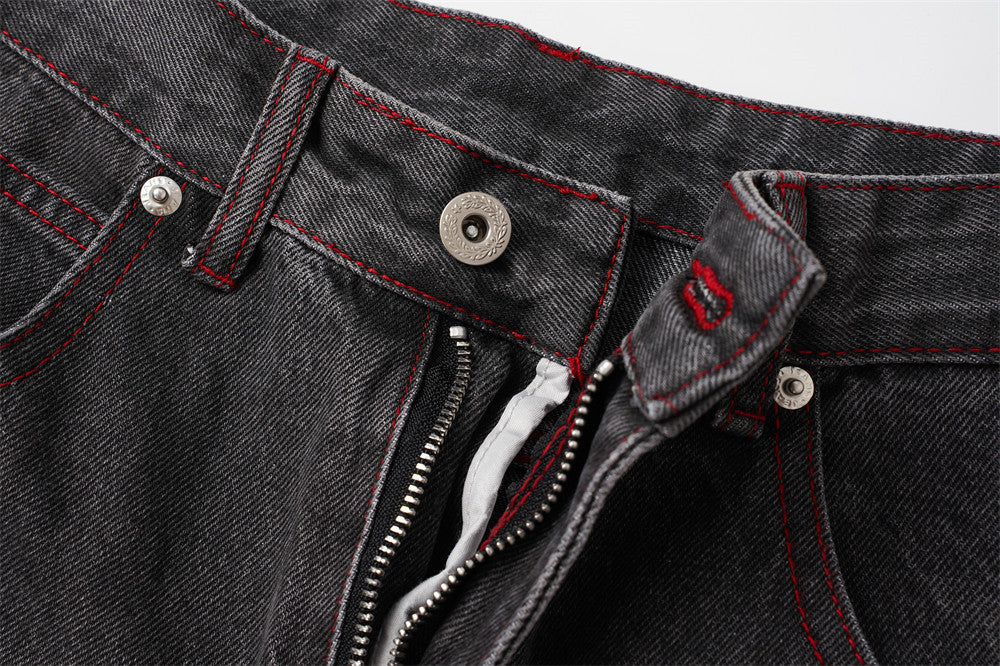 Jean droit délavé effet usé pour homme, imprimé ailes, style street 13