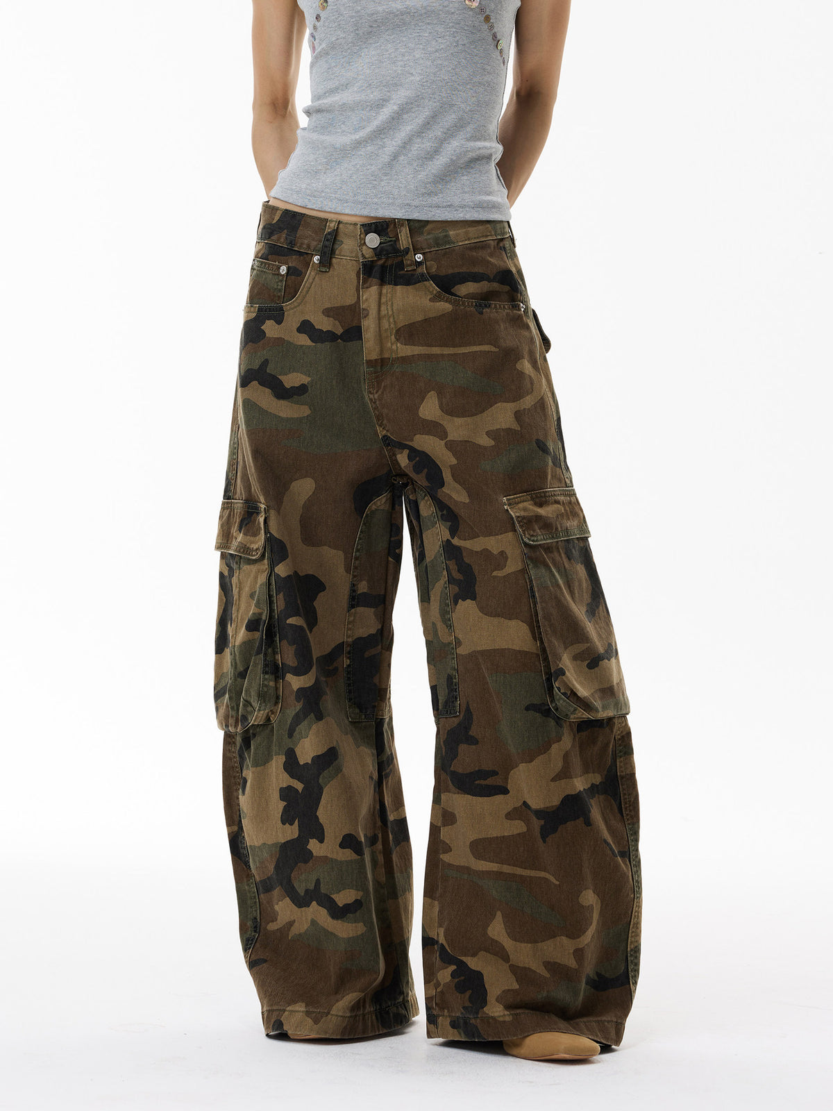 Pantalon cargo camouflage délavé vintage pour homme, jean large à poches, style street 7