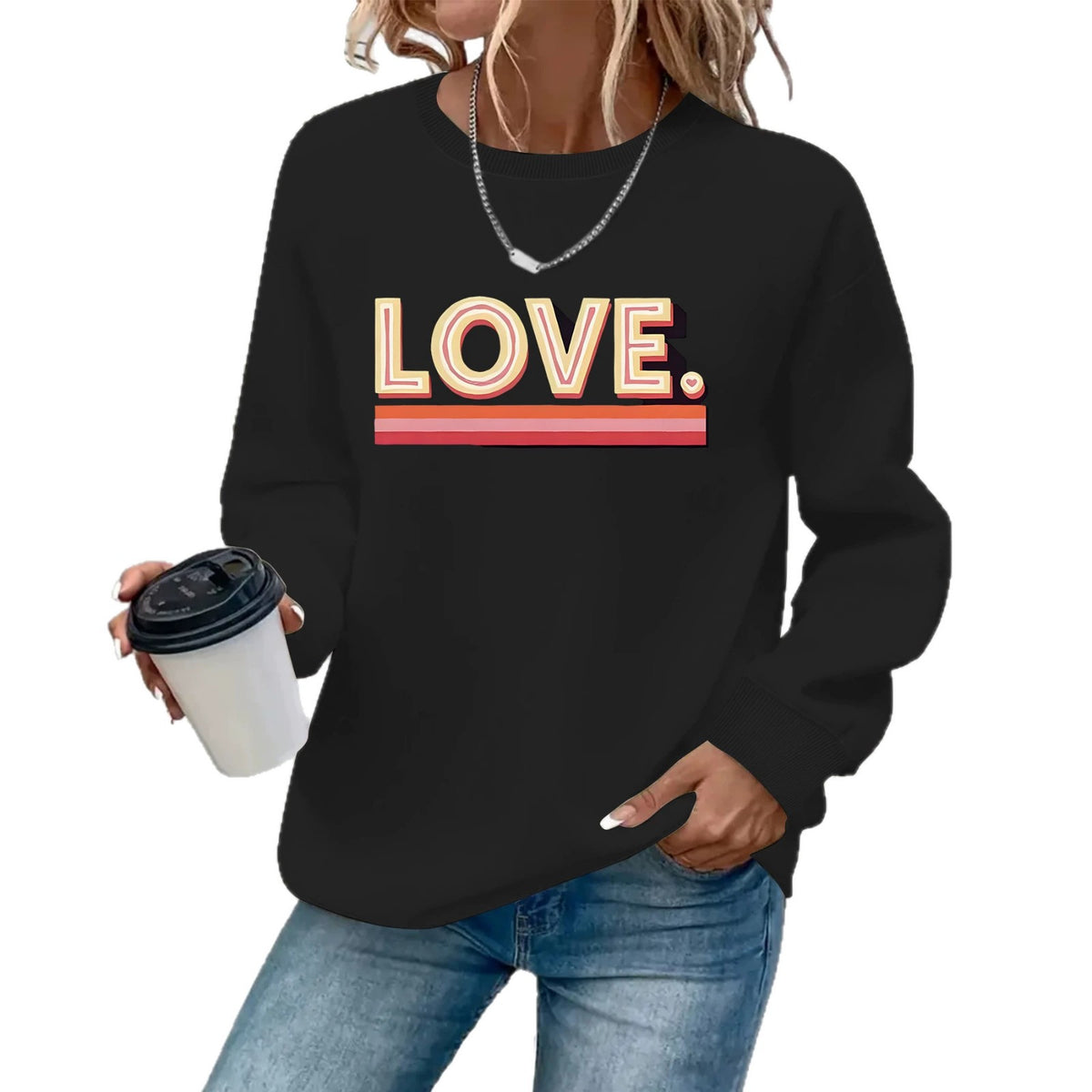 Sweat ample à col rond, imprimé transfert thermique, manches lanternes, style urbain, pour femme, 4 coloris