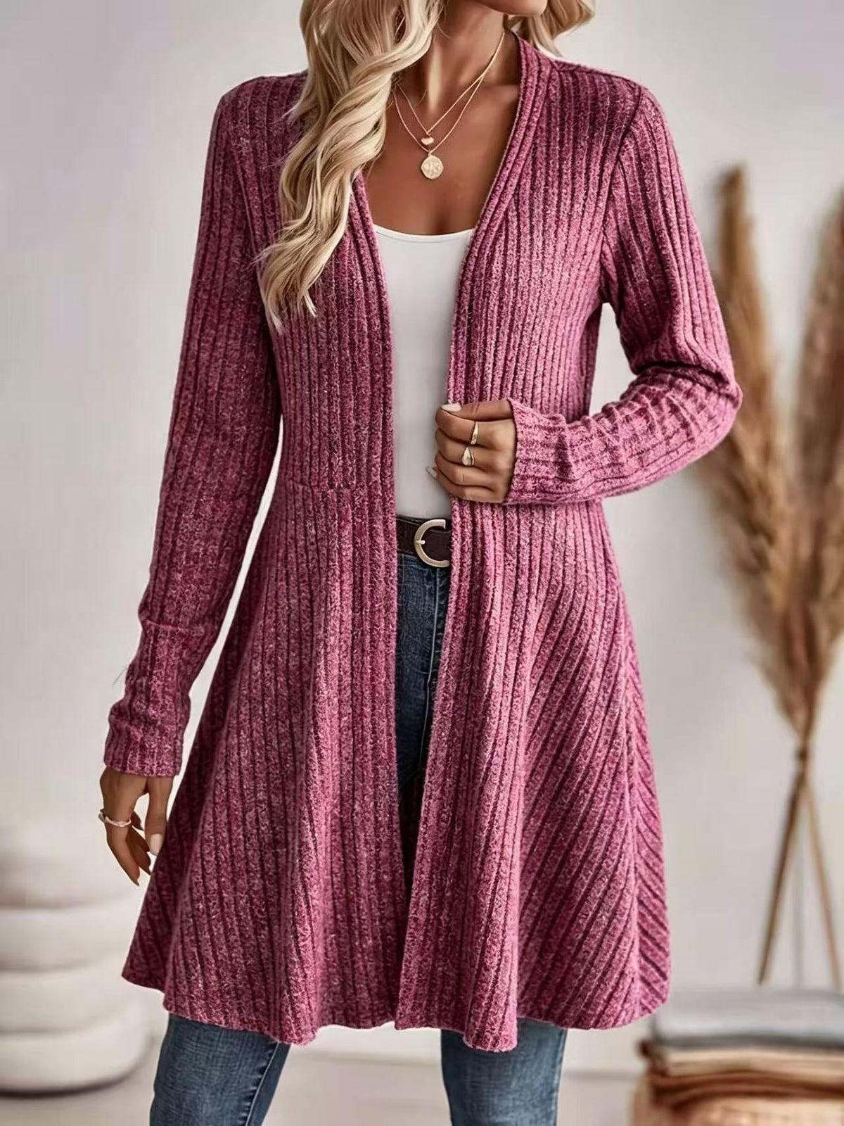 Long gilet en maille côtelée sans col, coupe décontractée, pour femme 5