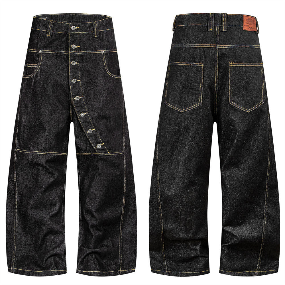 Pantalon carotte en denim brut déstructuré pour homme, empiècements en biais et coutures contrastées 7