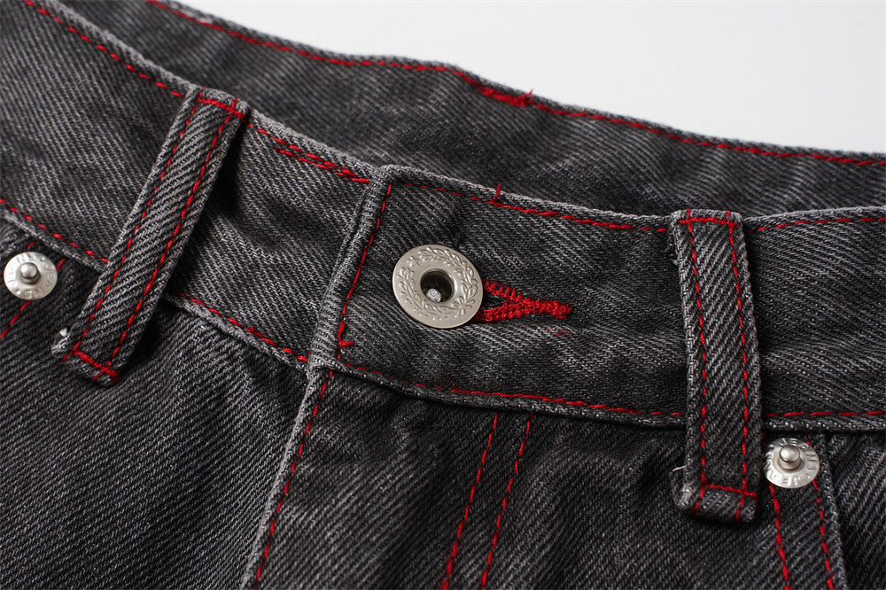 Jean droit délavé effet usé pour homme, imprimé ailes, style street 12