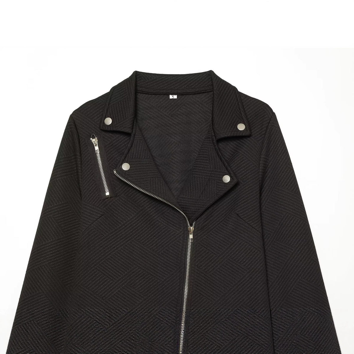 Veste cintrée à col à revers et zip oblique, boutons décoratifs, pour femme, noire 4