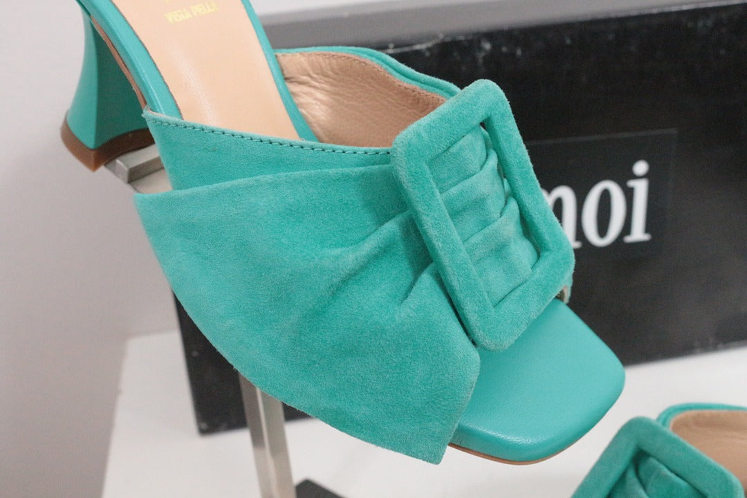 Mules à talon Toi & moi en cuir daim turquoise taille 36 4