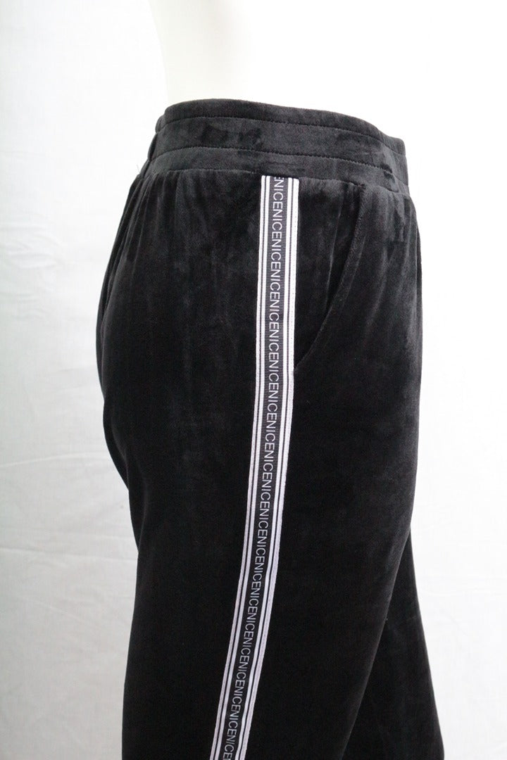 Pantalon de jogging femme noir velours bandes rayées S Y2k vintage 3