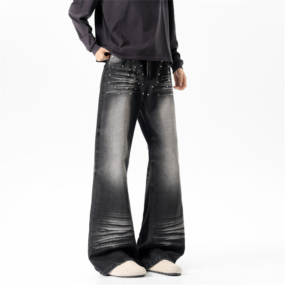 Pantalon évasé en denim délavé pour homme, rivets vintage et jambes larges plissées 9