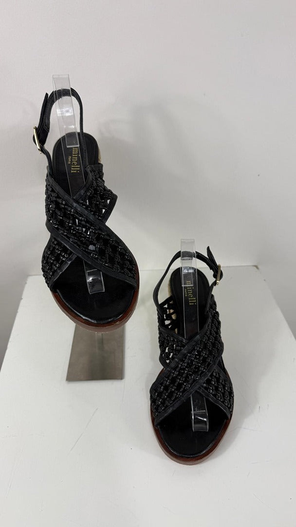 Sandales compensées Minelli cuir tressé noir 39 talon corde 1