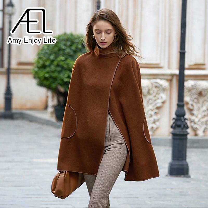 Cape poncho en laine, longue et ample, auburn