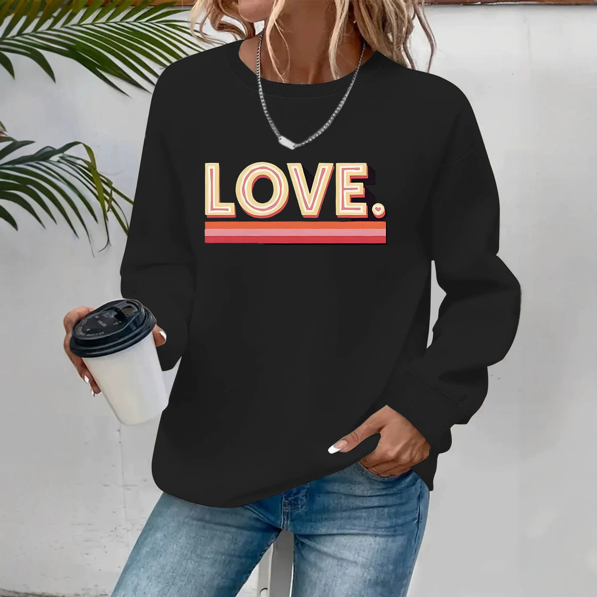 Sweat ample à col rond, imprimé transfert thermique, manches lanternes, style urbain, pour femme, 4 coloris 4