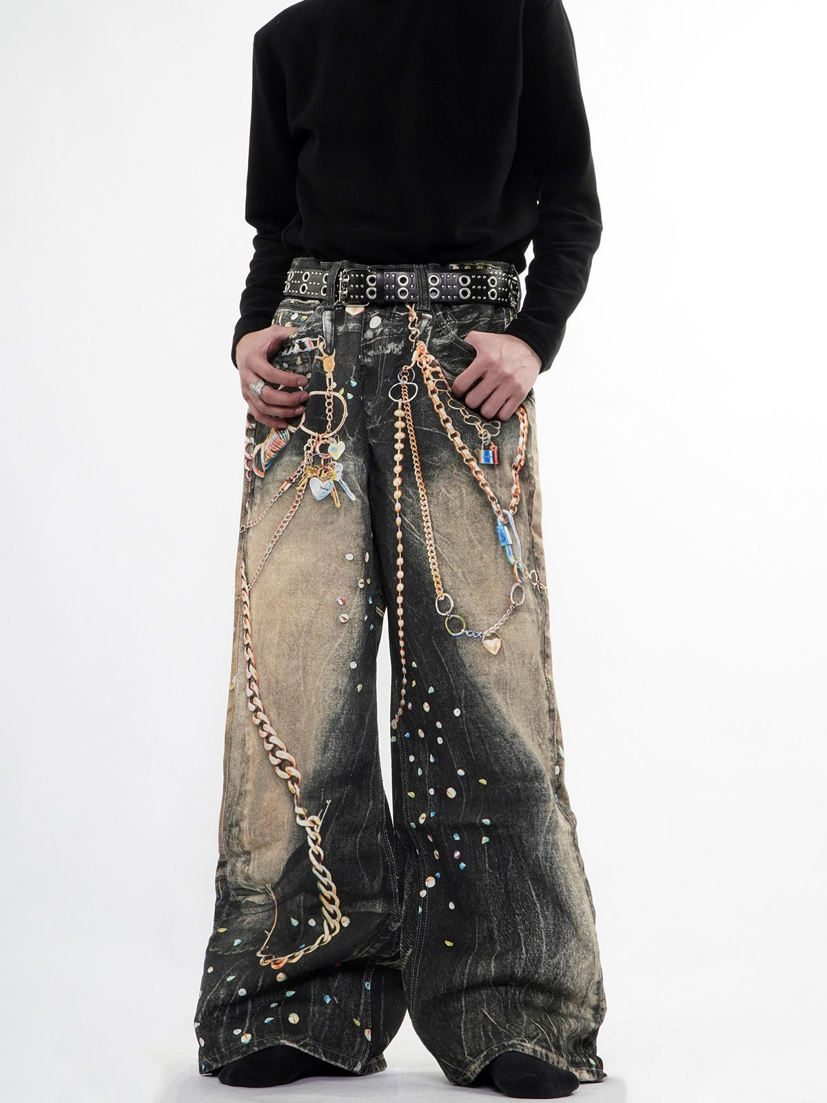 Pantalon en denim épais imprimé streetwear avec chaîne, coupe droite, unisexe 10