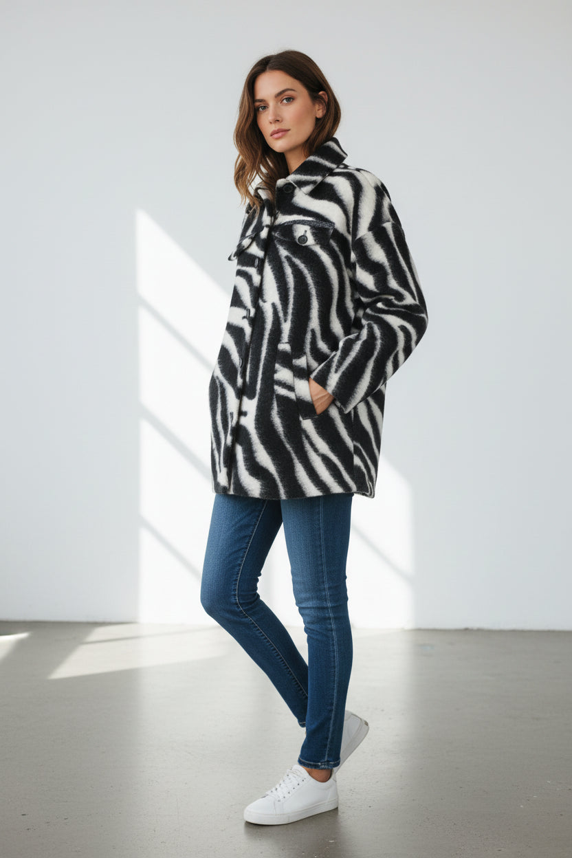 One Step Manteau Laine, Polyester Noir, Blanc L  Neuf
