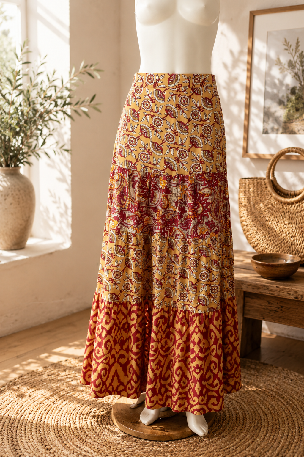 Jupe longue An’ge bohème coton imprimé moutarde rouge taille M NWT