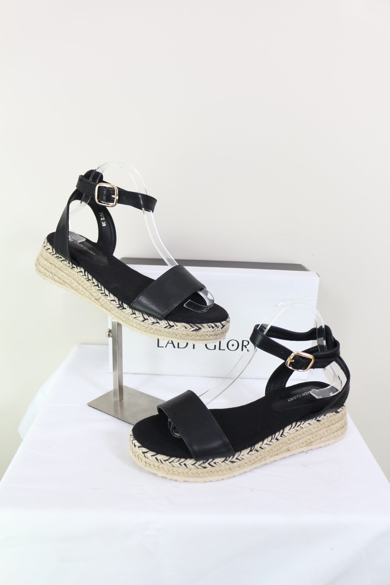 Lady Glory Sandales Compensées Espadrilles Noires Plateforme Neuves 3