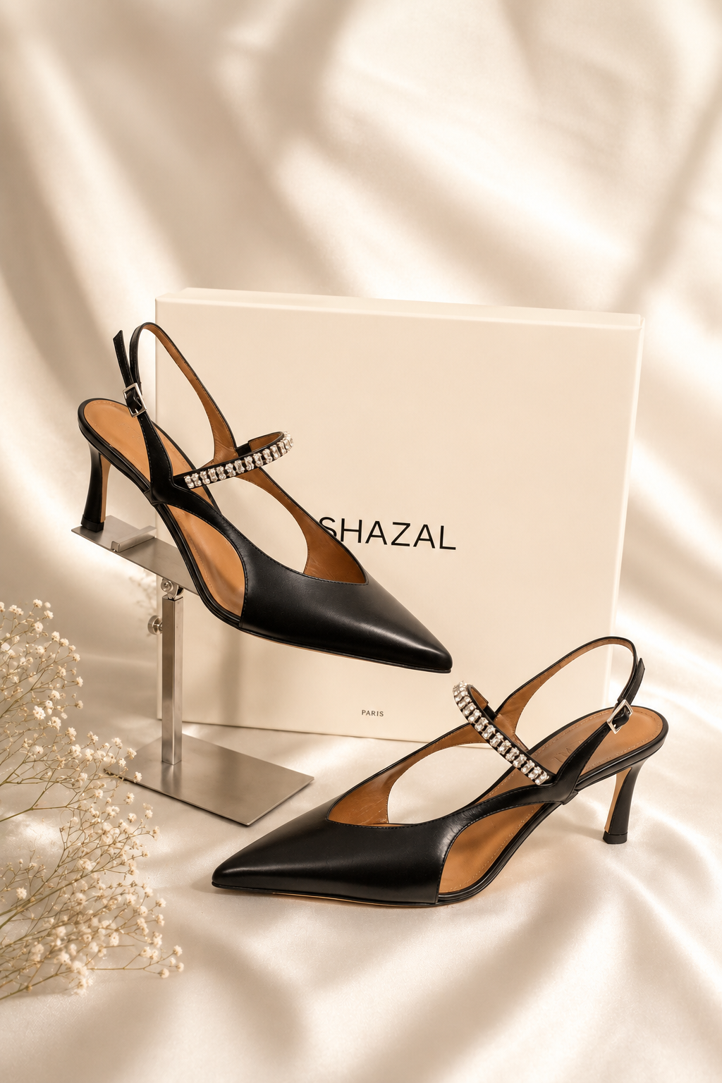 Escarpins Ghazal Paris "Lisa" slingback cuir noir et strass NEUFS - Taille 39.5