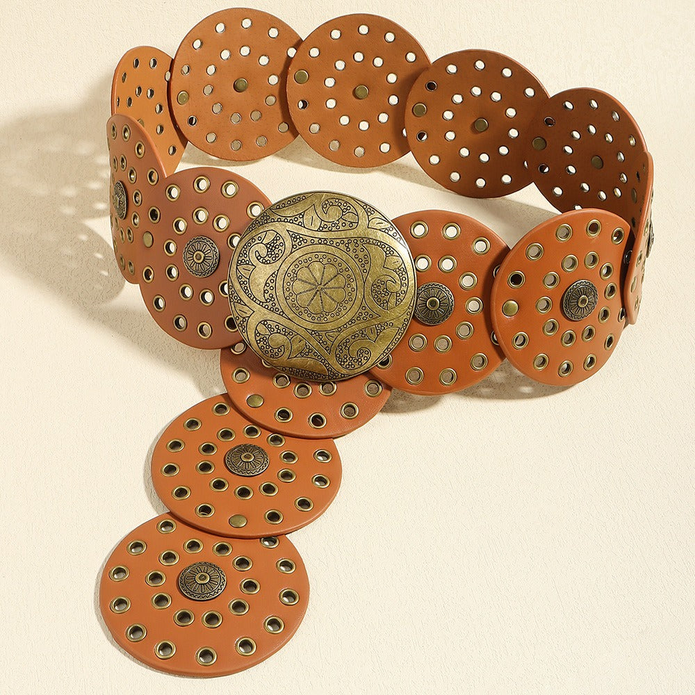Ceinture large western en similicuir, boucle ronde ajourée en métal, style vintage, pour femme, 12 coloris 6
