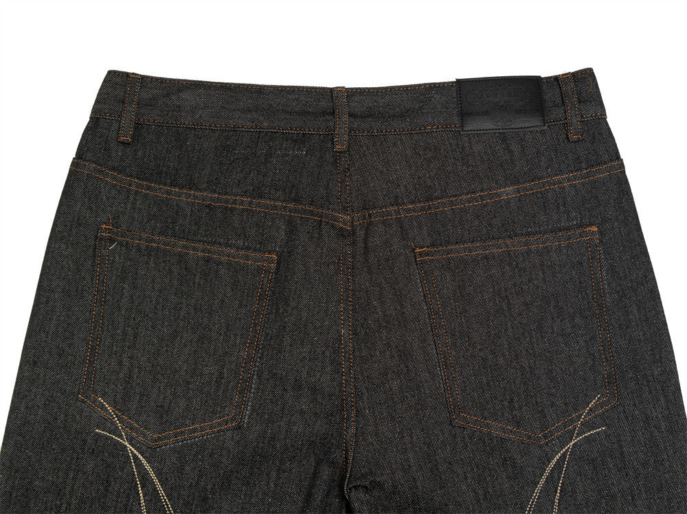 Jean évasé en denim brut brodé de fleurs pour homme, pantalon large style street 16