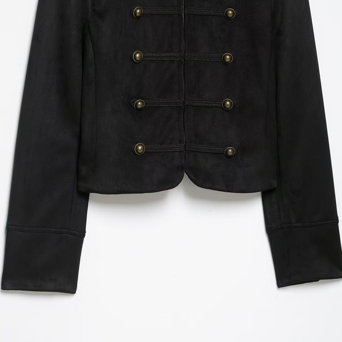 Veste courte zippée à col rond et effet daim, noire, pour femme 5