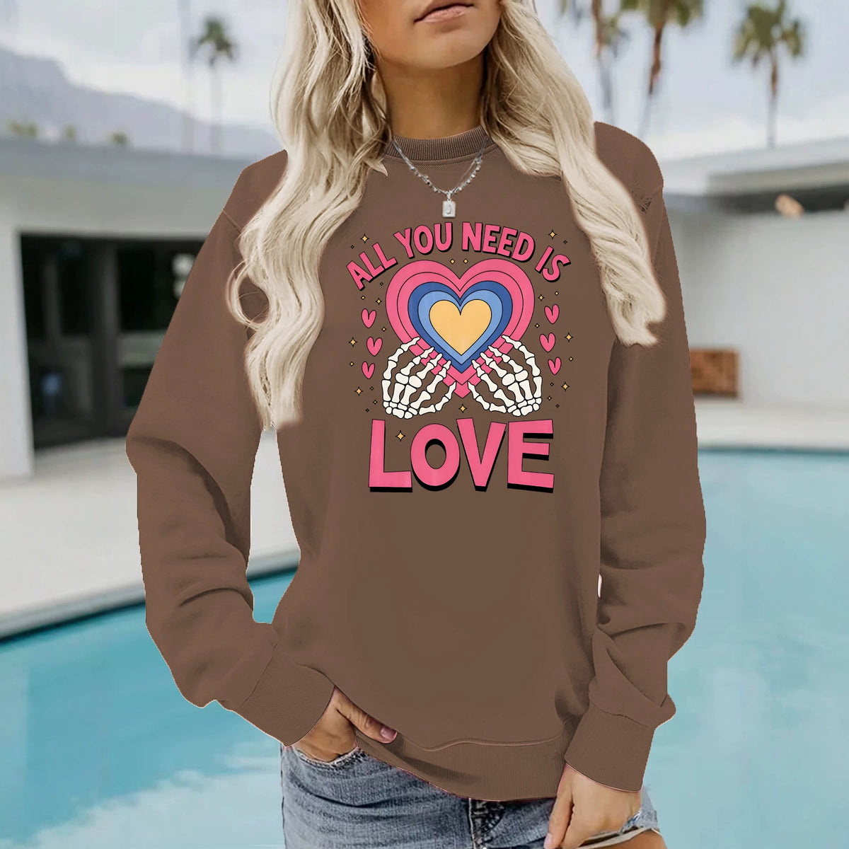 Sweat-shirt épais en molleton à col rond, imprimé graphique, manches lanternes, pour femme, 3 coloris 5