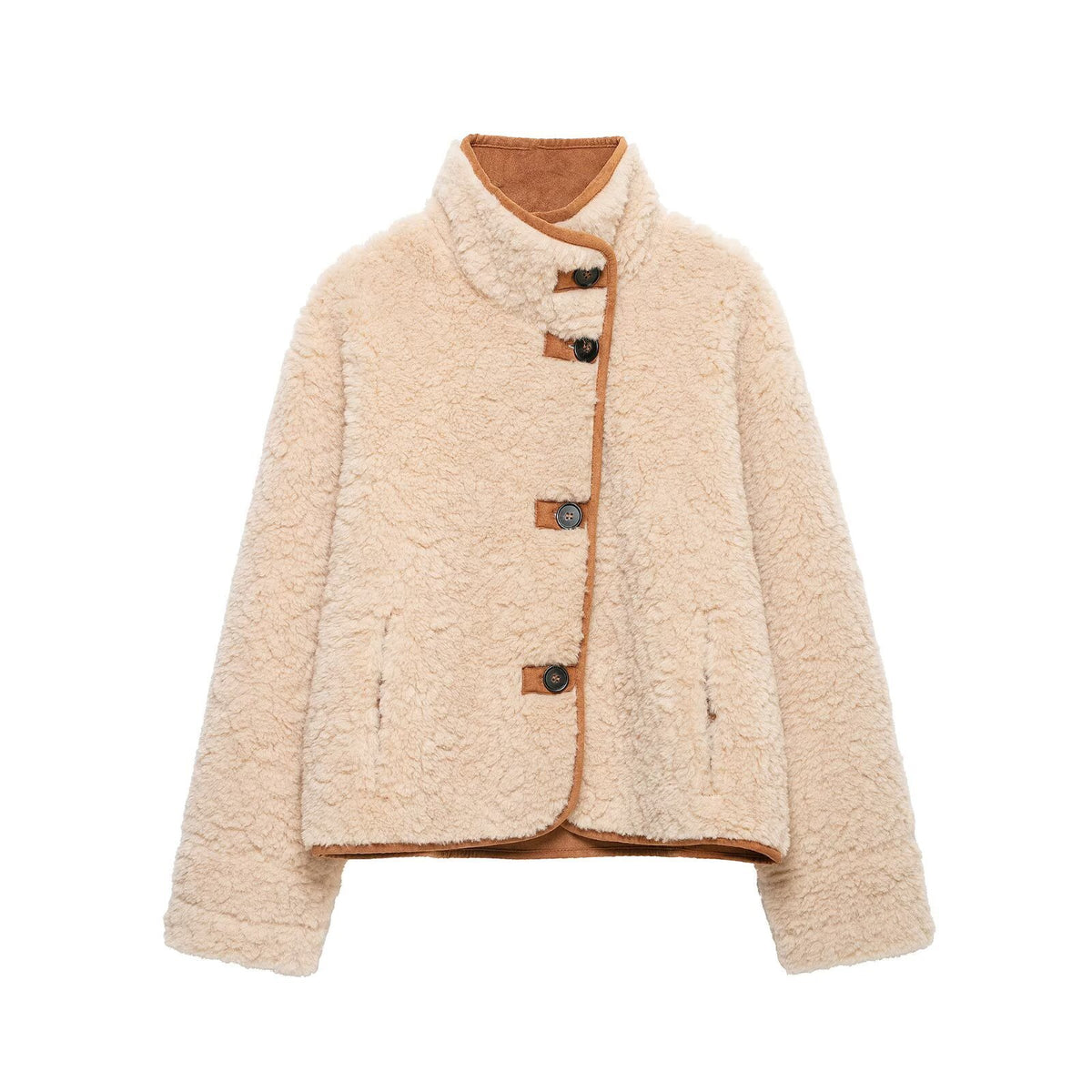 Veste ample à col montant en polaire double face, boutonnage simple, pour femme, marron 6