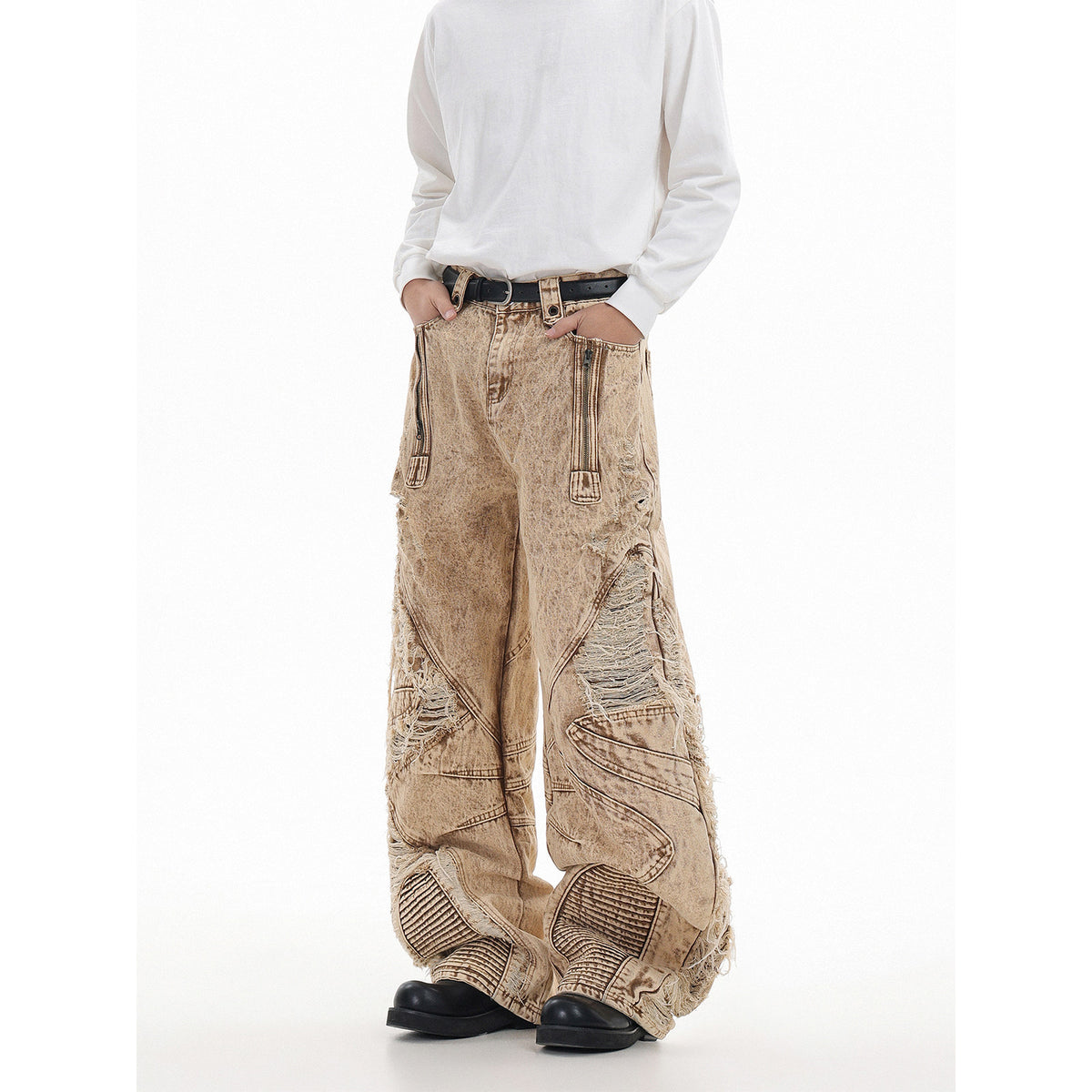Pantalon en denim épais abricot à plis pour homme, coupe droite street 7