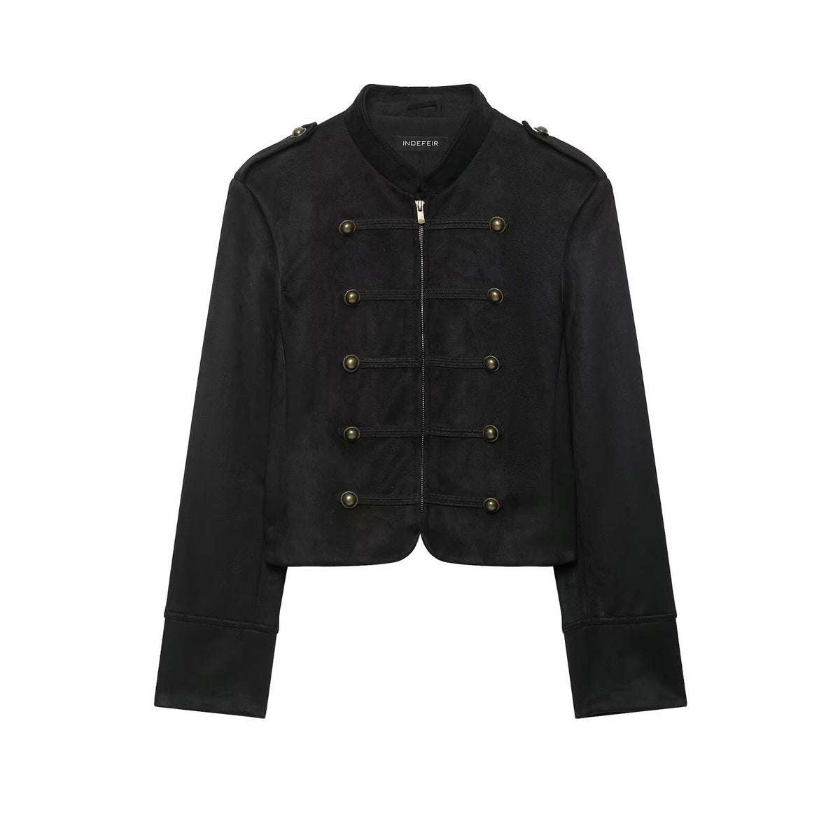 Veste courte zippée à col rond et effet daim, noire, pour femme