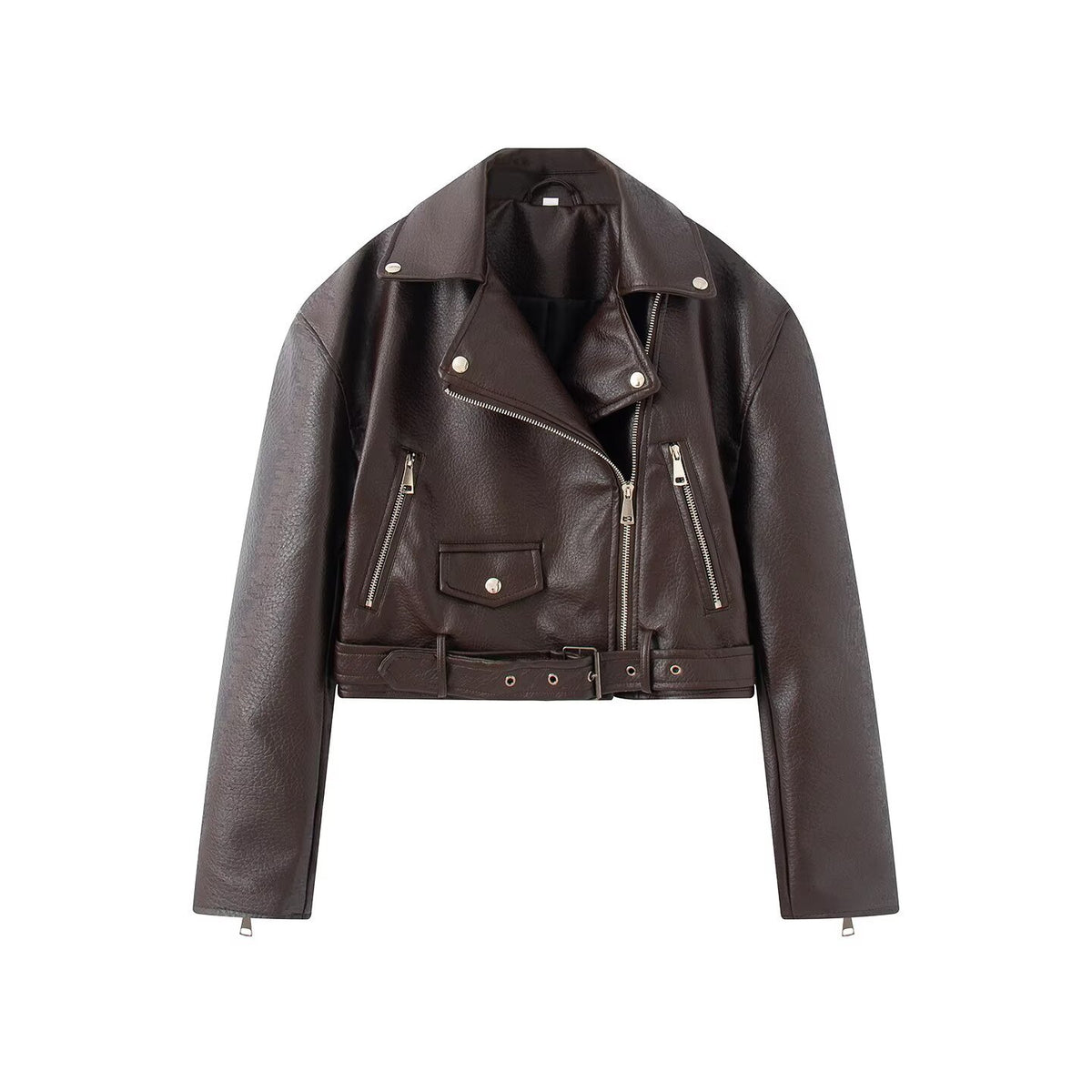 Veste de motard courte en simili cuir, col rabattu, double boutonnage et zip, pour femme 5