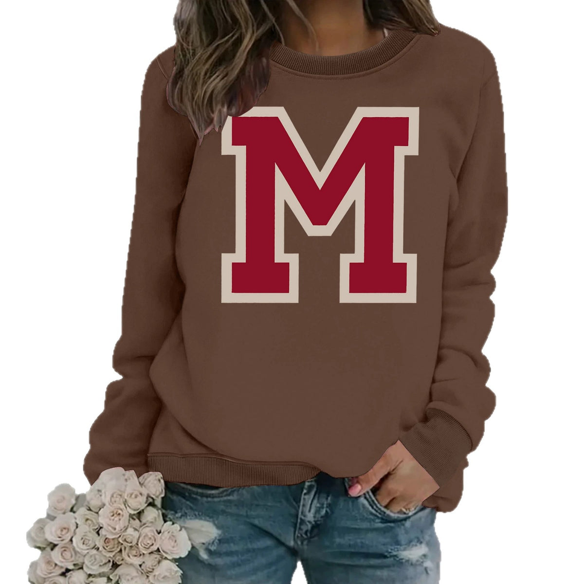 Sweat ample à col rond, imprimé, manches lanternes, style casual, longueur standard, pour femme, 7 coloris 2
