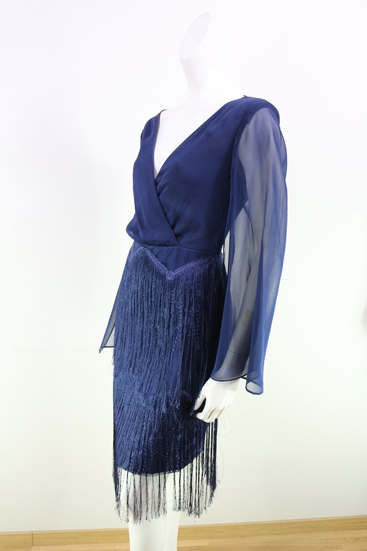 Robe cocktail Betzzia franges bleu marine Fr 38 M neuf avec étiquette 10