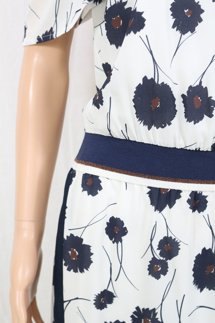 Robe midi Marie Méro blanc bleu motif floral col bateau T36 4