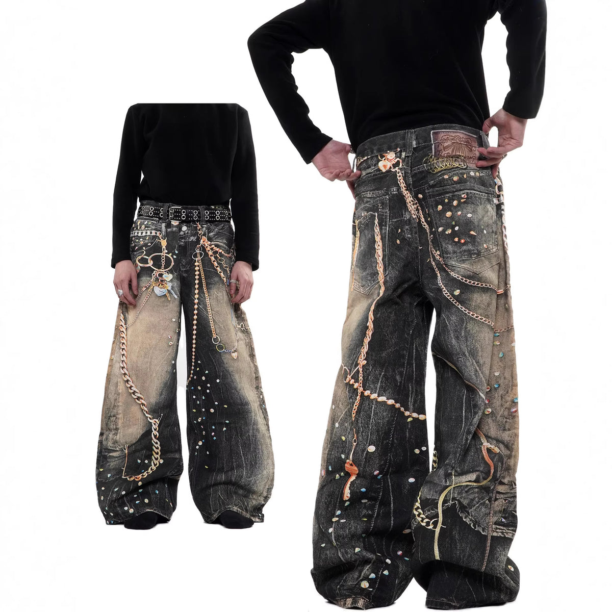 Pantalon en denim épais imprimé streetwear avec chaîne, coupe droite, unisexe 2