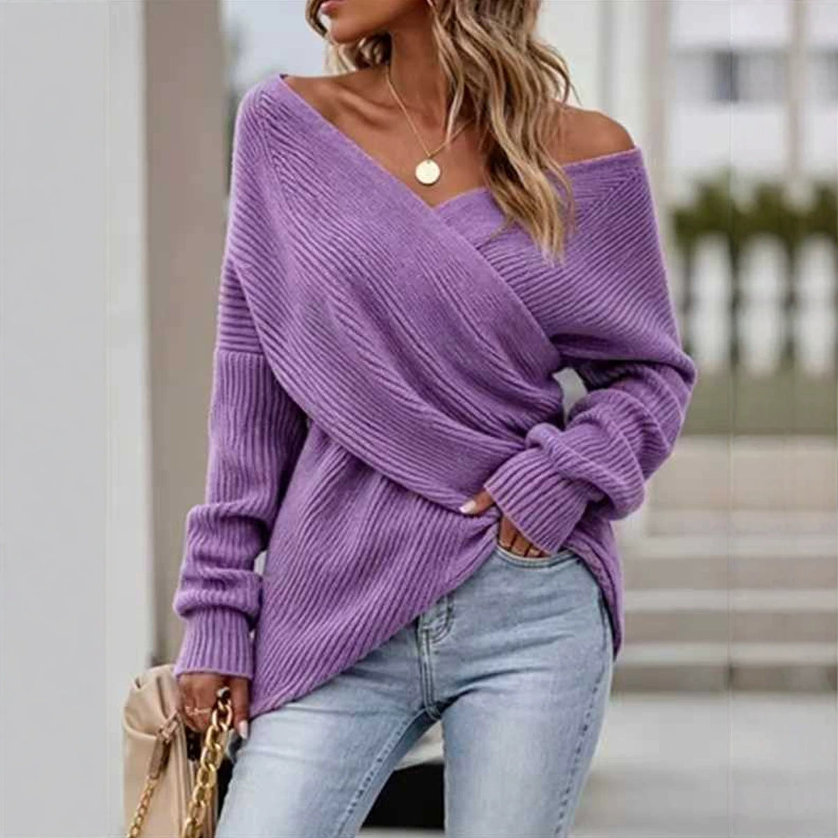 Pull en maille col V mi-long, coupe décontractée, 6 coloris