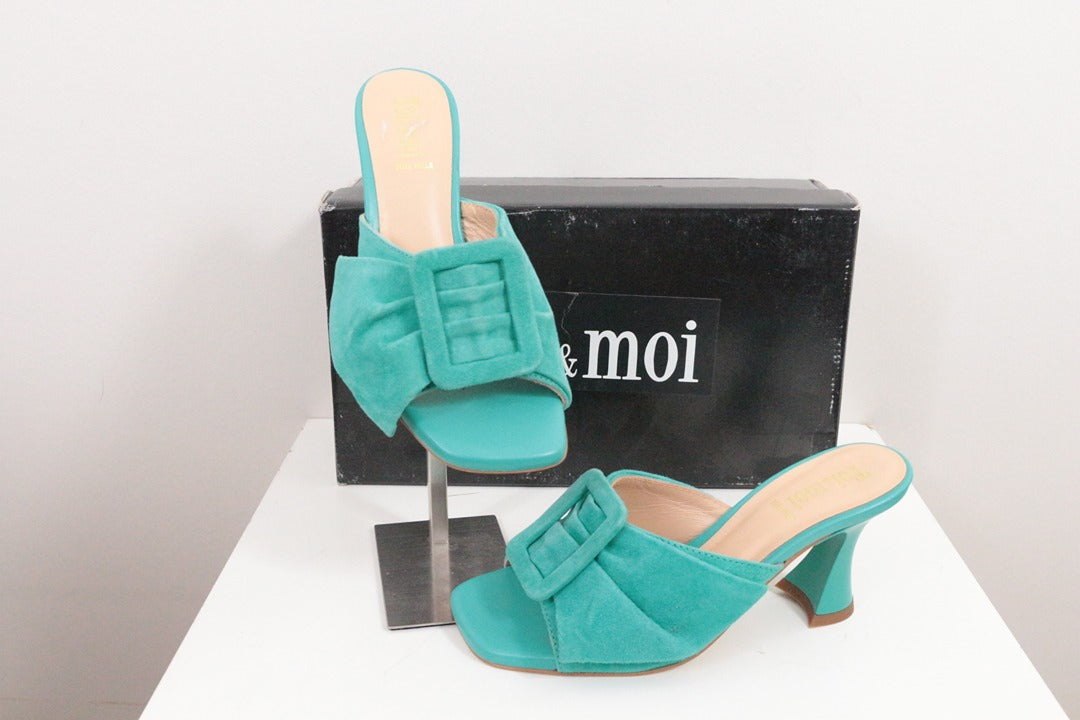 Mules à talon Toi & moi en cuir daim turquoise taille 36 1